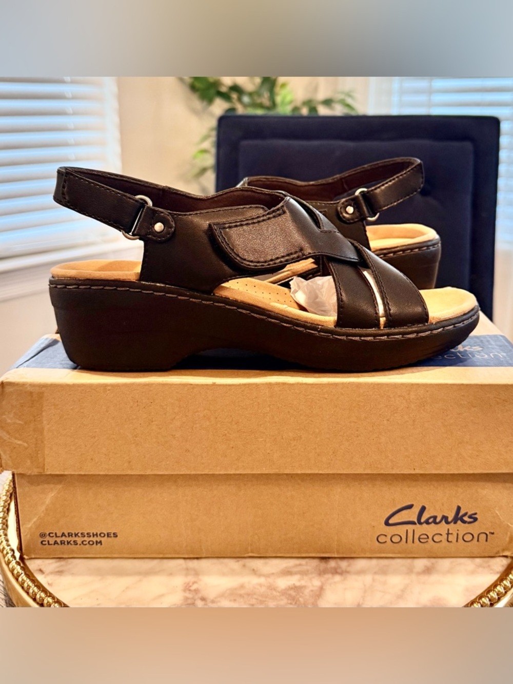 Clarks Merliah Echo Black Leather Wedge Slingback Sandals | Sz. 7M | NWB